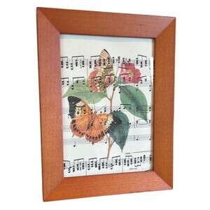 Handmade Upcycled Vintage Sheet Music Orange Pink Butterfly Flowers Framed Art